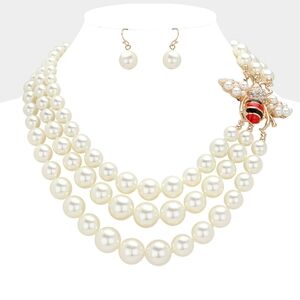 Cream Pearls Gold and Red Bee Crystal Necklace Set Statement Jewelry